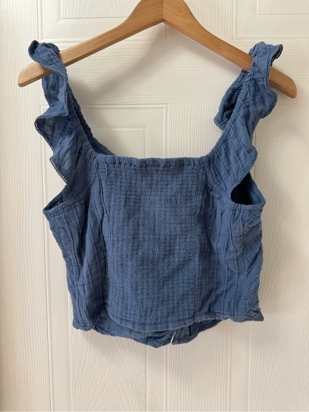 Free People Blue Textured Ruffle Scoop Crop Camisole
